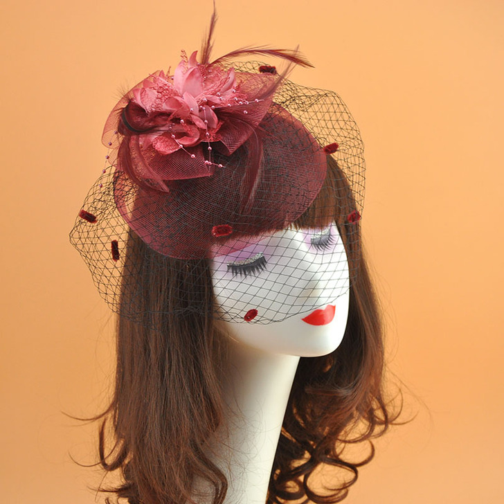 新娘结婚复古网纱头花黑白红色旗袍遮面纱礼帽...