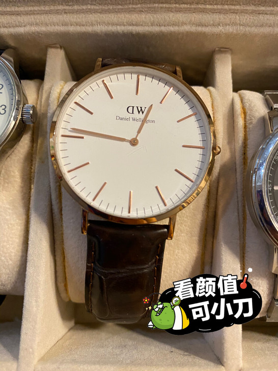 DW男士手表，棕色真皮鳄鱼皮花纹表带，白色...
