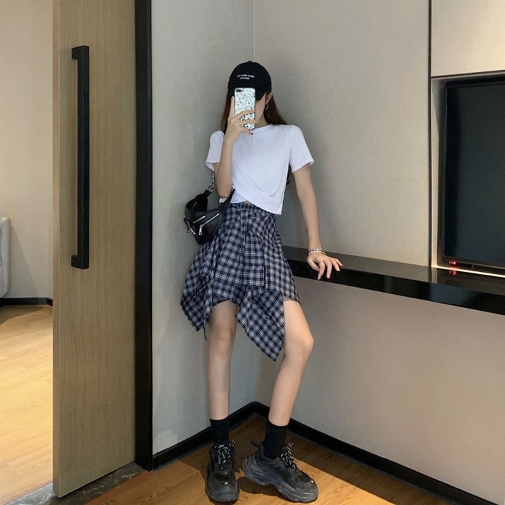 【清衣柜】假两件格子半身裙女夏季学生学院风...