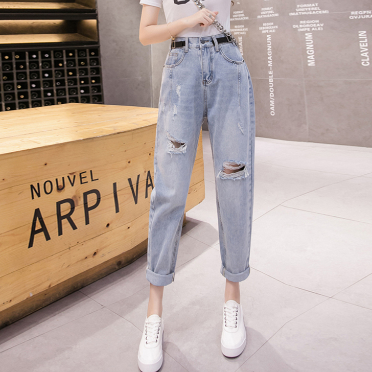 宁莎2019秋季韩版个性烂边破洞高腰显瘦哈...