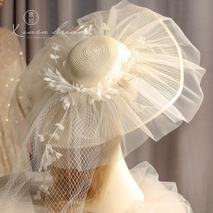夏拉新品超仙手工网纱礼帽新娘结婚影楼写真跟...