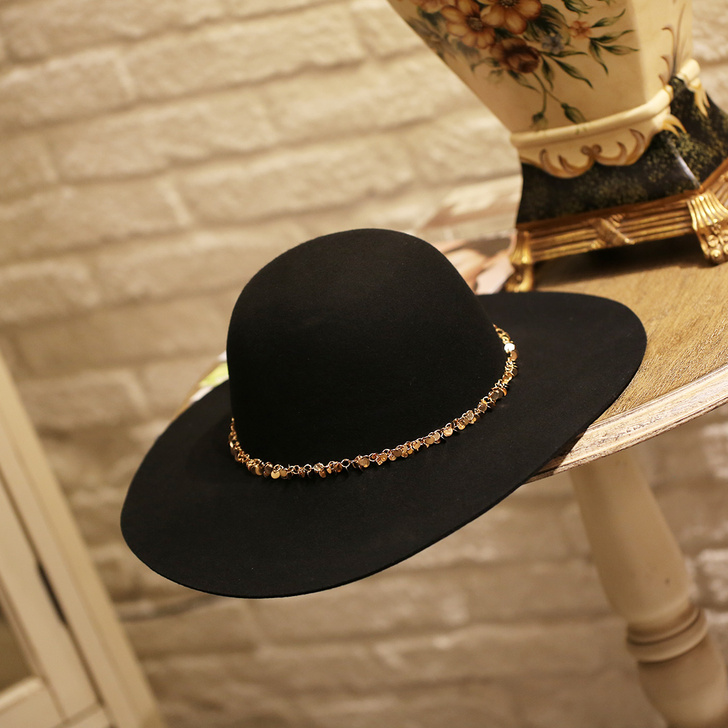 秋冬女士欧美英伦风羊毛呢礼帽圆顶金属水滴大...