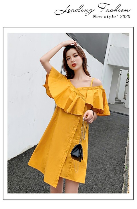 全新带吊牌M码黄色露连衣裙仙女超仙法式桔梗...