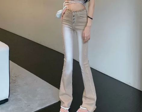 韩版毛边修身牛仔裤女装夏季高腰微喇叭裤子卡...