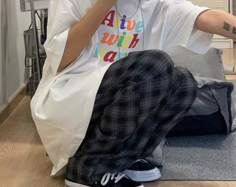 大码格纹拖地阔腿裤韩版ulzzang裤子女...
