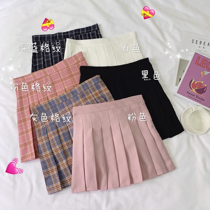 2021年新款粉红色格子百褶半身裙女高腰a...