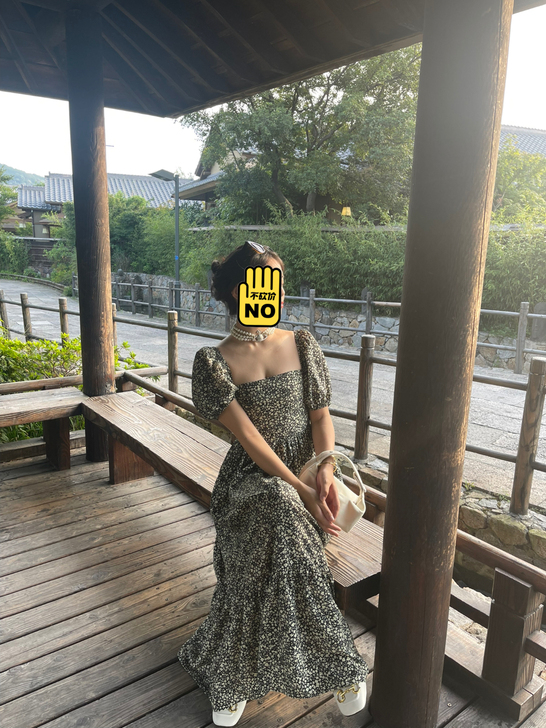 一字领碎花长裙露露家同款