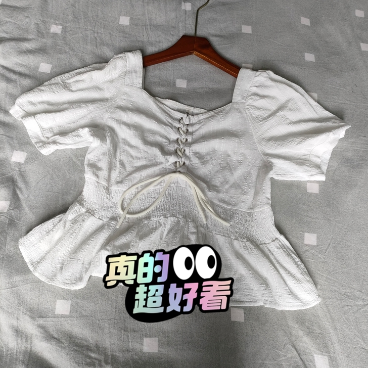 夏季新款韩版时尚百搭甜美系带方领上衣女洋气...
