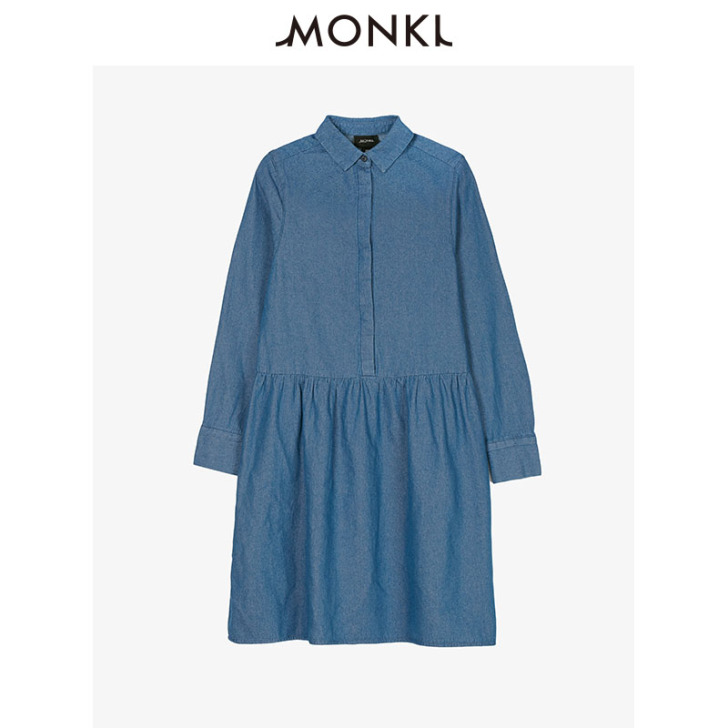 MONKI秋冬款宽松腰部抓皱长袖牛仔连衣裙...