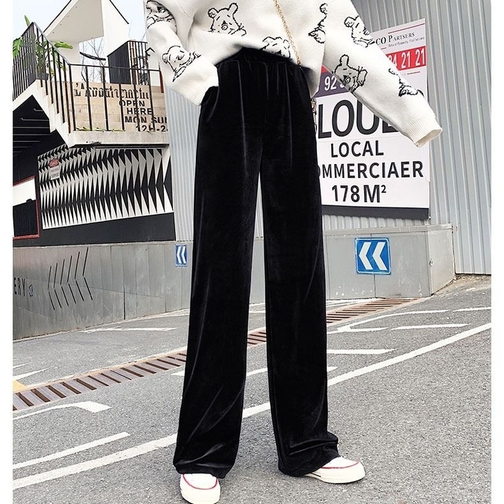 2021春秋冬季新款阔腿裤女高腰坠感金丝绒...
