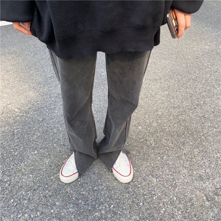 花田橱窗开叉牛仔裤女直筒宽松高腰显瘦百搭喇...