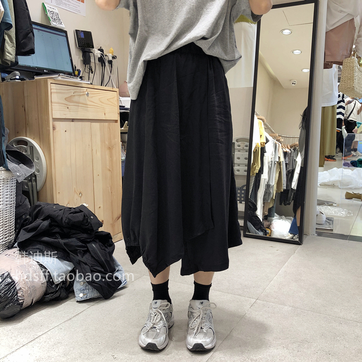 2d新款纯色松紧腰宽松不对称设计港风阔腿裤...