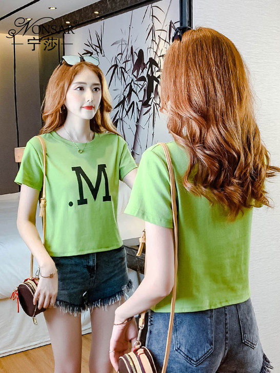 宁莎2020夏季新款韩版时尚百搭印花字母短...