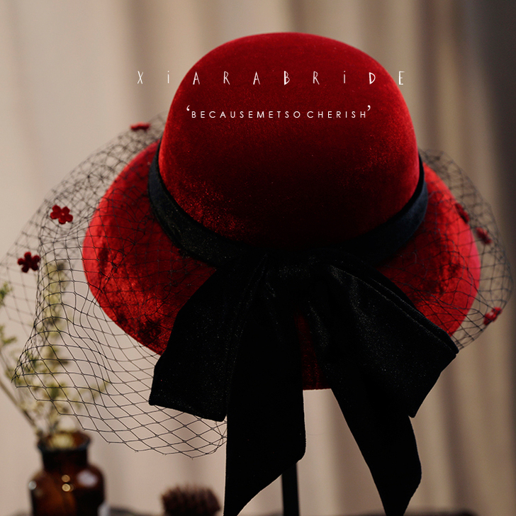 法式英伦赫本礼帽丝绒帽子秋冬宴会女式复古网...