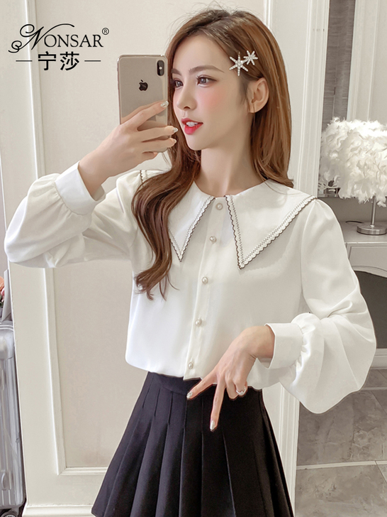 宁莎2020韩版秋季新款娃娃领上衣设计感小...