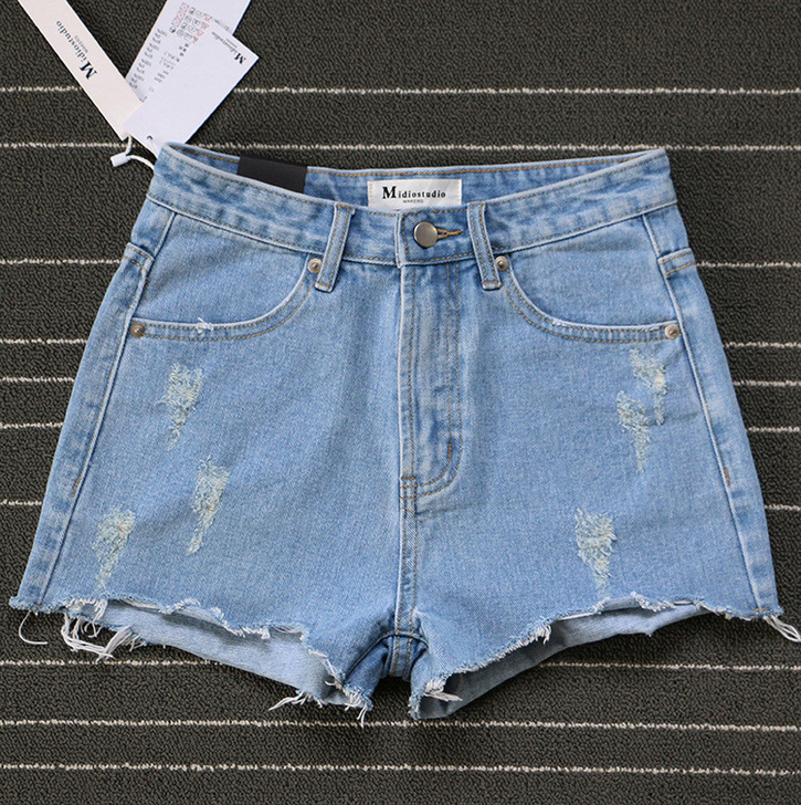 显腿长神器 基础款高腰牛仔短裤 不规则撕破...