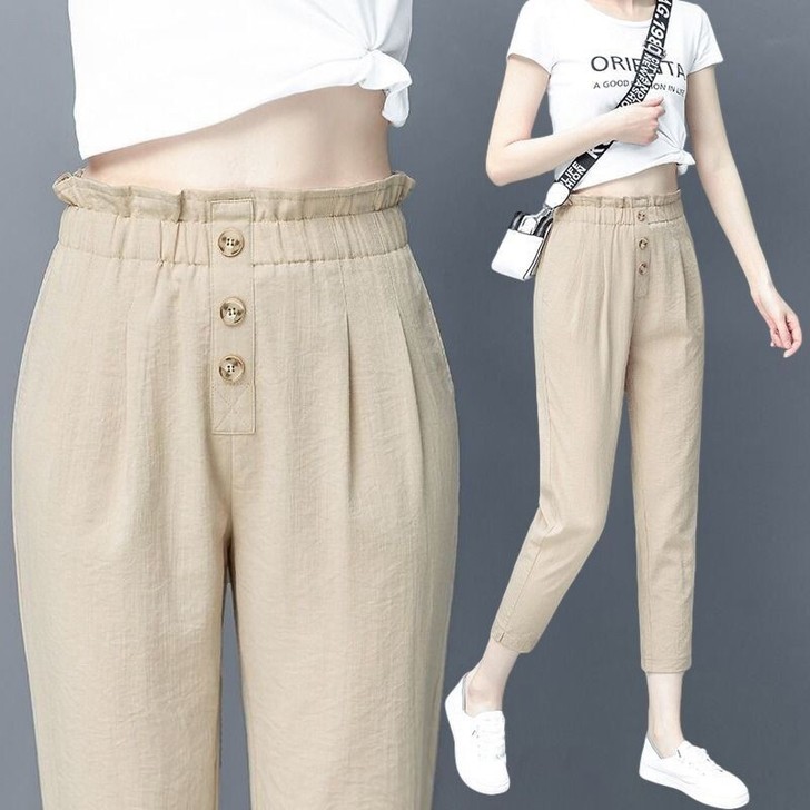 夏季薄款仿棉麻裤子女韩版宽松显瘦小脚花苞高...