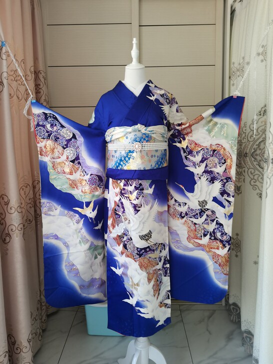 振袖和服蓝色飞鹤日本制正统