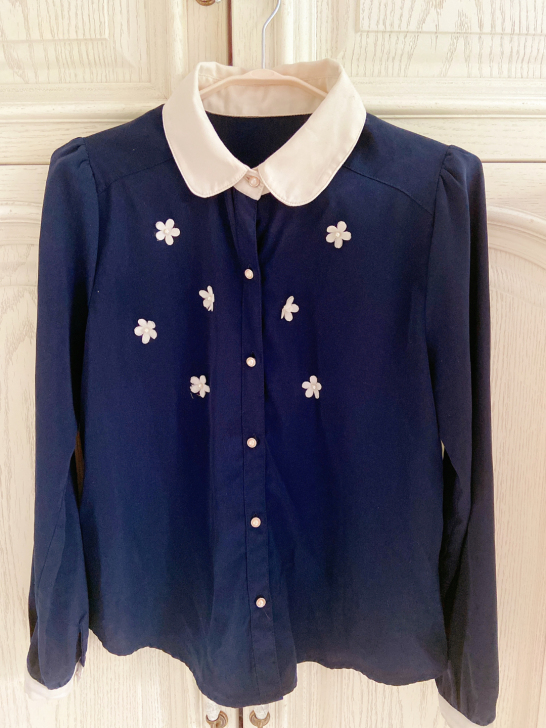 日系拼接立体珍珠花朵荷叶边蓝色衬衫女装春秋...