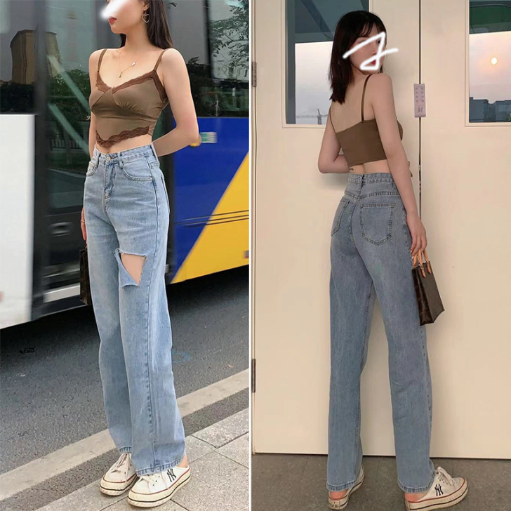 【全新】DTFT高腰阔腿牛仔裤女夏破洞薄款...
