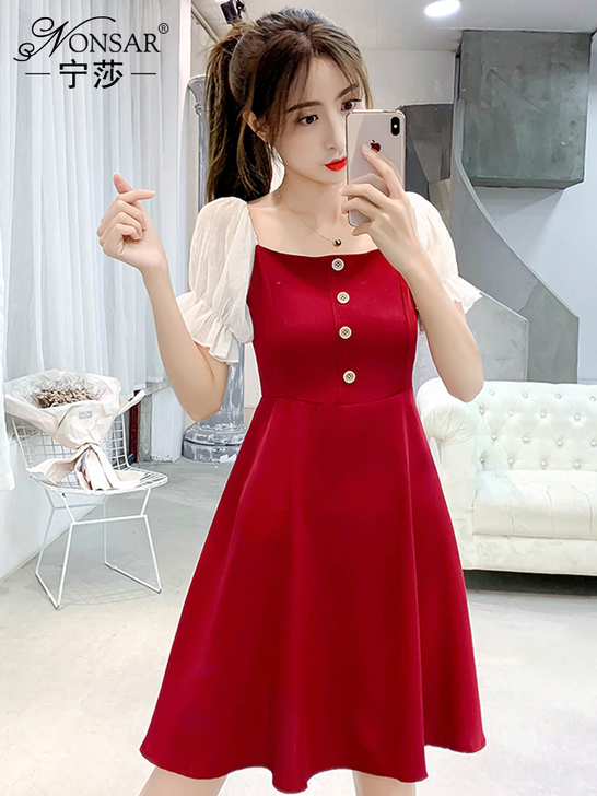 宁莎2020夏收腰方领喇叭袖显瘦拼色a字连...