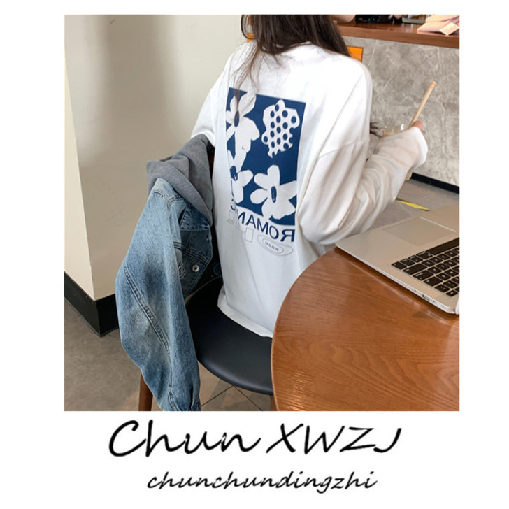 FFAN 宽松时尚后背印花中长款长袖T恤女...