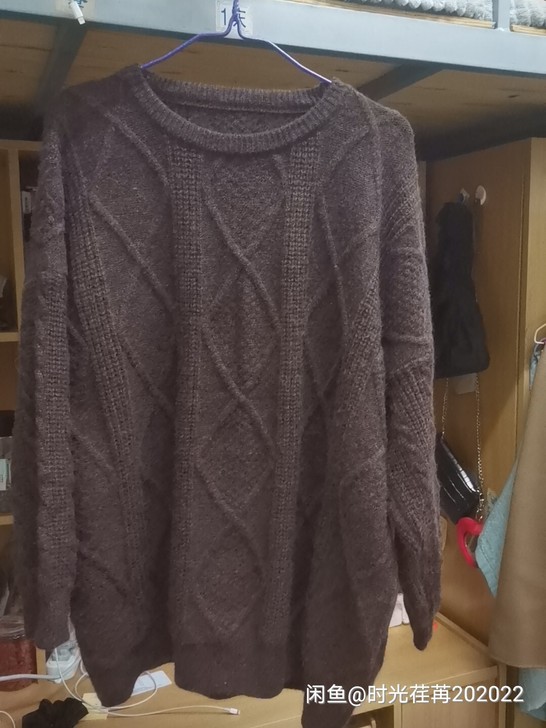 麻花菱形纯色圆领中长款套头针织衫毛衣女休闲...