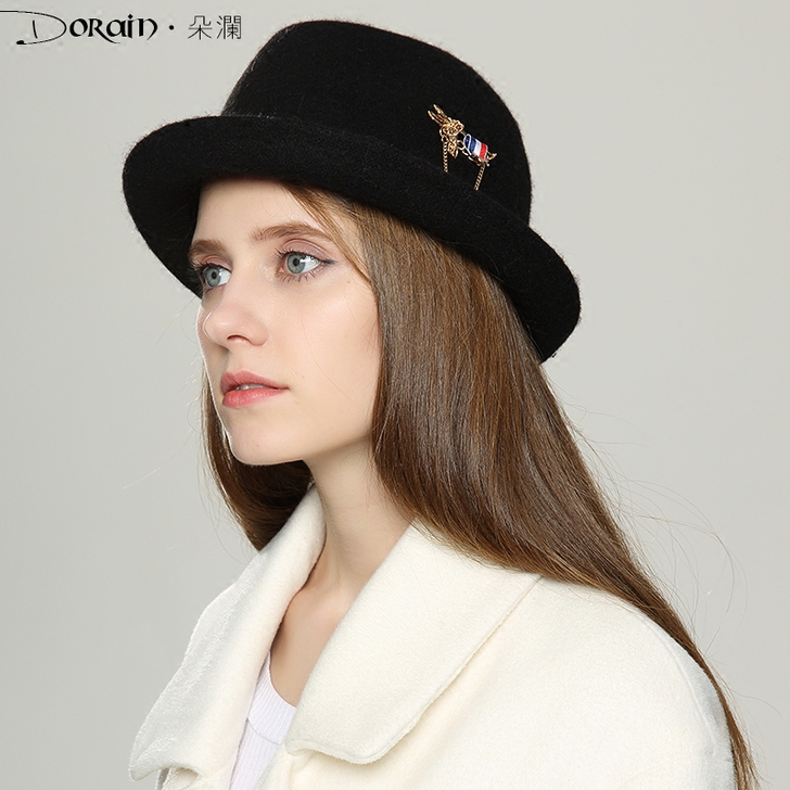 礼帽女英伦秋冬毛呢帽子女冬天韩版爵士帽卷边...