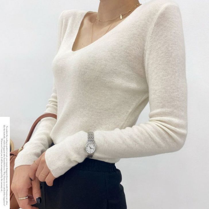 羊绒衫女精纺超薄V领纯色微透修身羊毛打底毛...