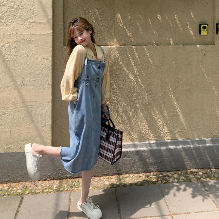 DEEMO 小个子牛仔背带裙吊带可调节牛仔...