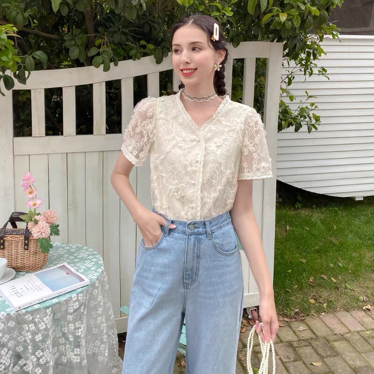 MG小象超仙网纱蕾丝衫