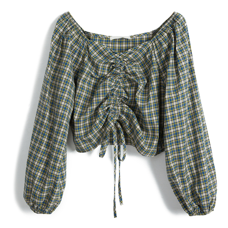 方领中段开V领，露锁骨高腰格子衬衫女抽绳灯...