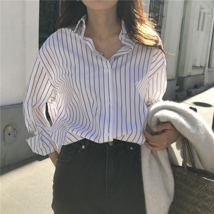 衬衫女2021新款夏季韩版显瘦复古长袖条纹...
