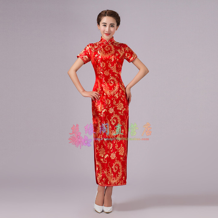 中式民族风短袖长款修身连衣裙酒店迎宾礼仪小...
