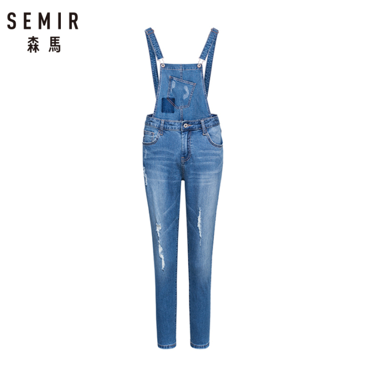 森马背带牛仔裤女休闲时尚女士学生个性破洞可...