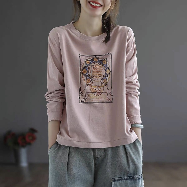 100%棉2021春秋新款印花复古文艺长袖...