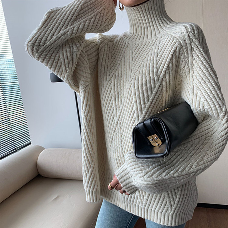 慵懒风高领粗针大毛衣女宽松外穿秋冬装套头短...