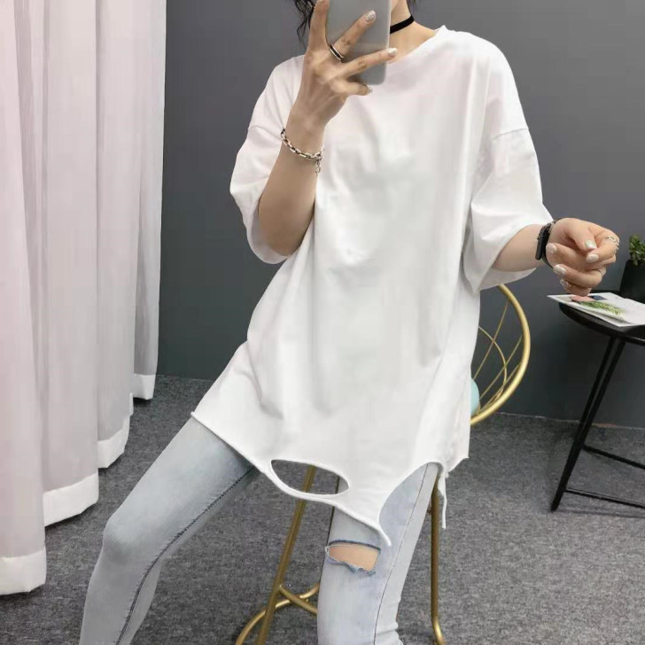 2020夏季新款白色t恤女短袖宽松中长款纯...