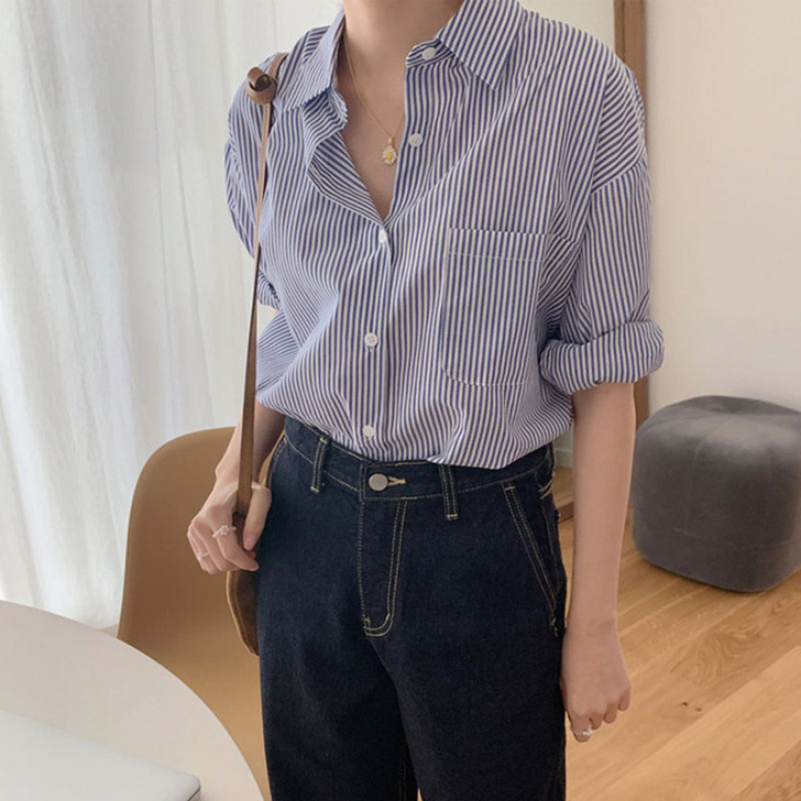 蓝色条纹衬衫女2021春款韩版百搭宽松蓝白...
