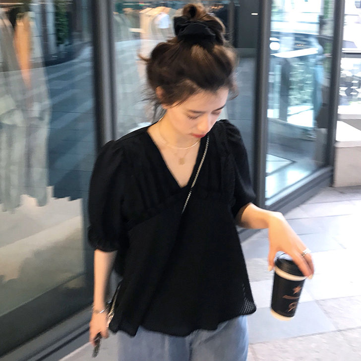 黑色短袖衬衫女2021夏季新款宽松法式别致...