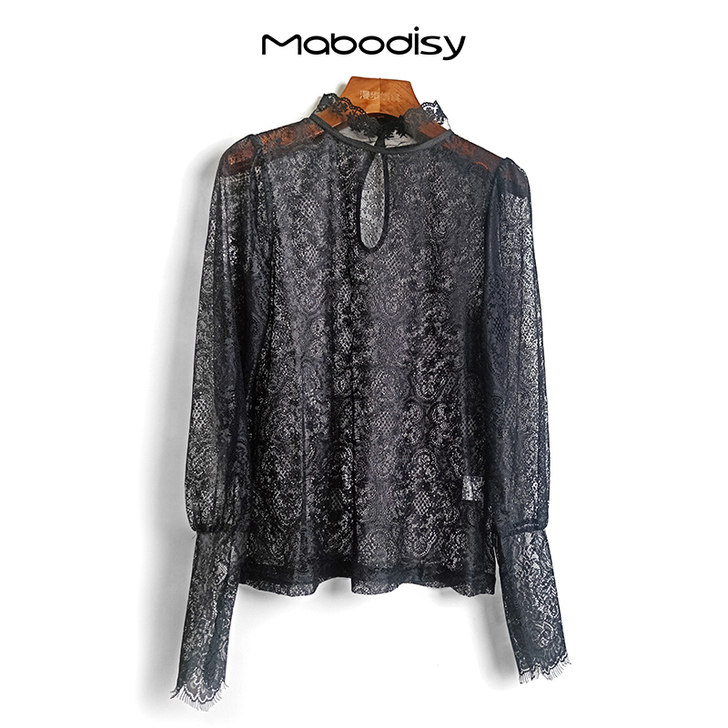 漫步蝶裳2019秋季时尚新款蕾丝衫女立领气...