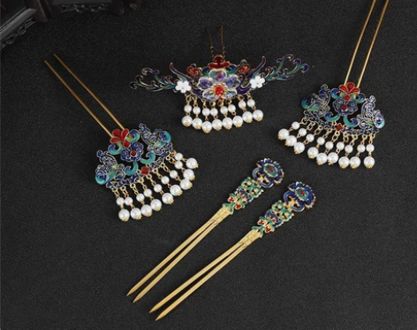 [火]超仙气汉服头饰套装珍珠流苏发冠古风发...