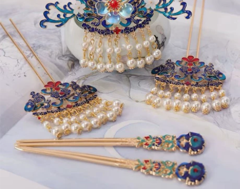 福利价！包邮5件套！全新汉服珍珠流苏烧蓝头...