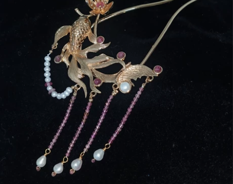 鱼戏莲 荷花锦鲤 汉服头饰 铜保色U型发叉...