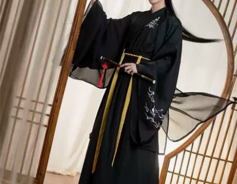 孤鲤原创青少年汉服中国风道袍武侠风黑色，三...