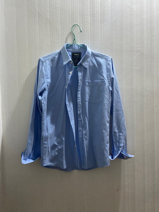 全棉蓝色衬衫长袖厚实款。