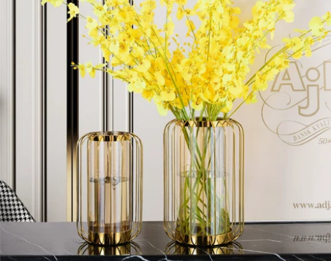 跳舞兰仿真花束高品质假花客厅摆件黄色花瓶插...