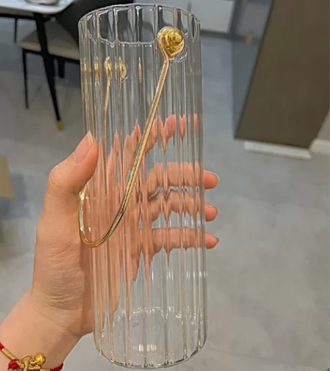 【手提花瓶】提手竖纹玻璃花瓶 北欧轻奢现代...