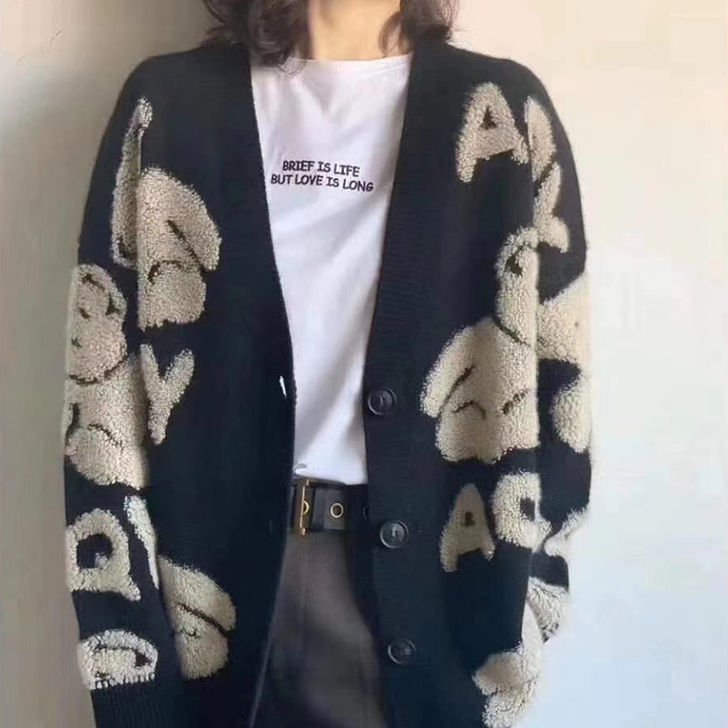 冬季新款圆领羊绒衫女开衫宽松中长款抽条外搭...