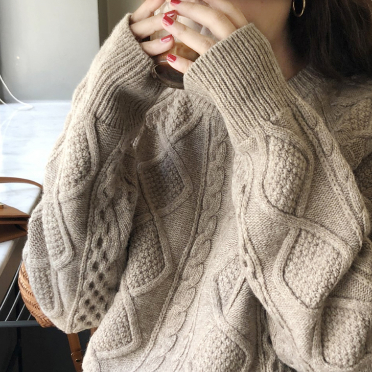 绞花羊绒衫女圆领套头针织衫